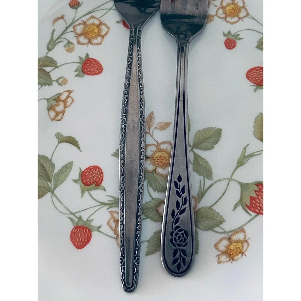 Vintage Mismatched Floral Flatware Set Service for 2 10pc Stainless Steel MCM